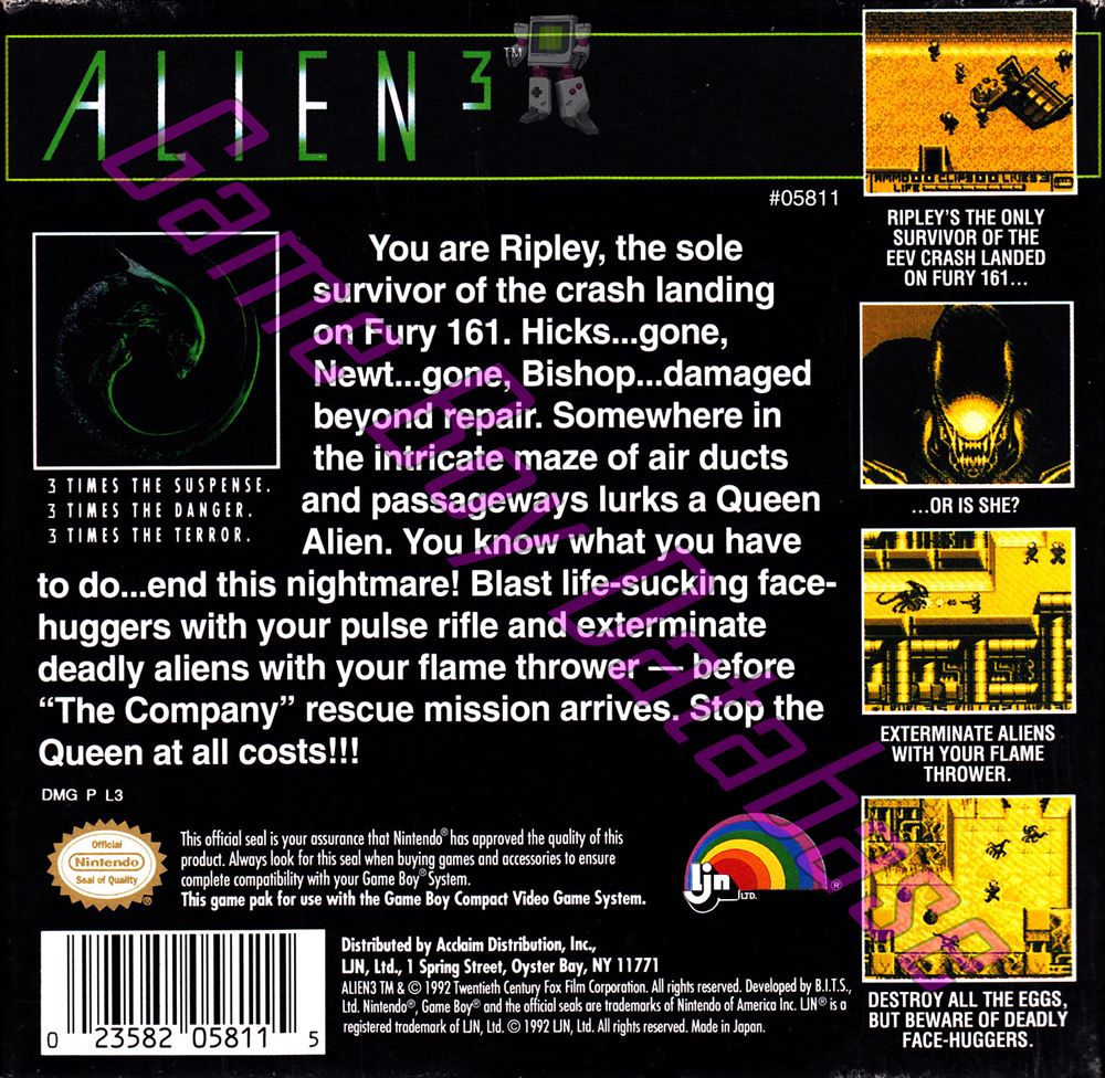 Alien 3 USA Back of the box